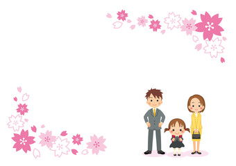 可愛い新一年生の女の子と入学を祝う家族　仲良し親子　桜フレーム