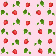 Strawberry seamless pattern and leaves Seamless with light pink background