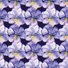 Seamless background, floral pattern with watercolor flowers pansies. Repeat scrapbooking paper. Perfectly for wrapped paper, backdrop, frame or border.