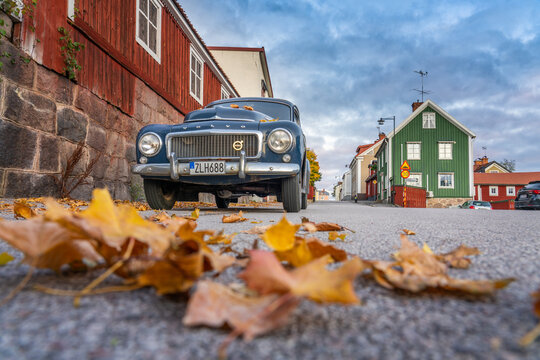 Vimmerby, Sweden - October 2020: Old vintage volvo car model 544 parked at the road in Vimmerby