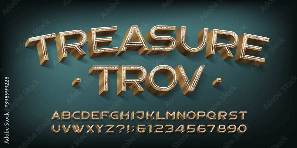 Fototapete treasure trov alphabet font. 3d golden letters and numbers with jams. stock vector typescript for yo