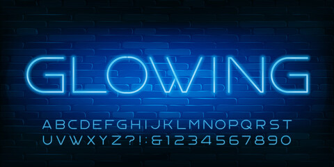 Glowing alphabet font. Blue neon light letters, numbers and symbols. Brick wall background. Stock vector typescript for your design.