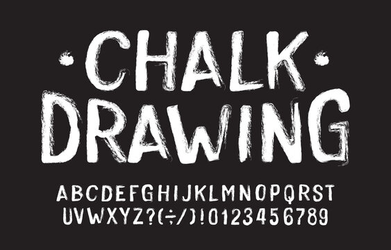 Chalk Drawing alphabet font. Hand drawn messy letters and numbers. Stock vector typescript.