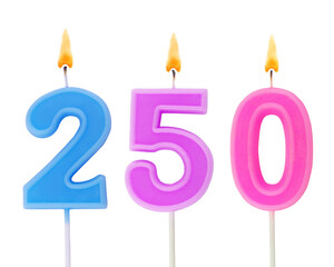 Burning birthday candles isolated on white background, number 250