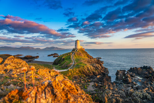 Ty Mawr Lighthouse at sunset on Llanddwyn Island in North Wales