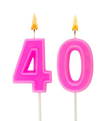 Burning birthday candles isolated on white background, number 40
