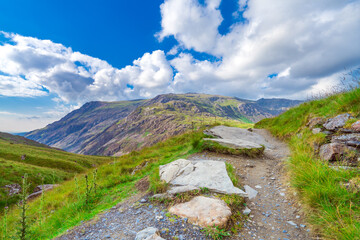 Rock path at Glyder Fawr mountain in Snowdonia, North Wales 