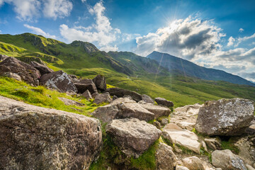 Fototapeta na wymiar Rock path at Glyder Fawr mountain in Snowdonia, North Wales 