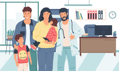 Family doctor. Cartoon young couple with children in consultation room. Prevention and treatment in clinic. Medical examination and health care. Visit pediatrician in hospital, vector illustration