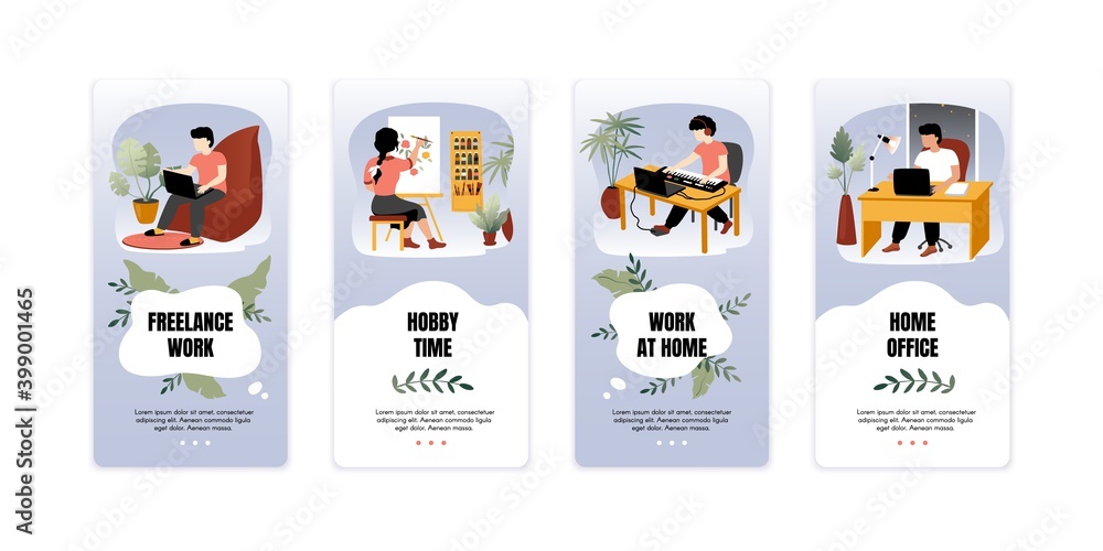 Poster Mobile application for work at home. Smartphone interface templates with place for text and buttons. Online service for freelance and hobby. Isolated electronic devices touch screen mockup, vector set