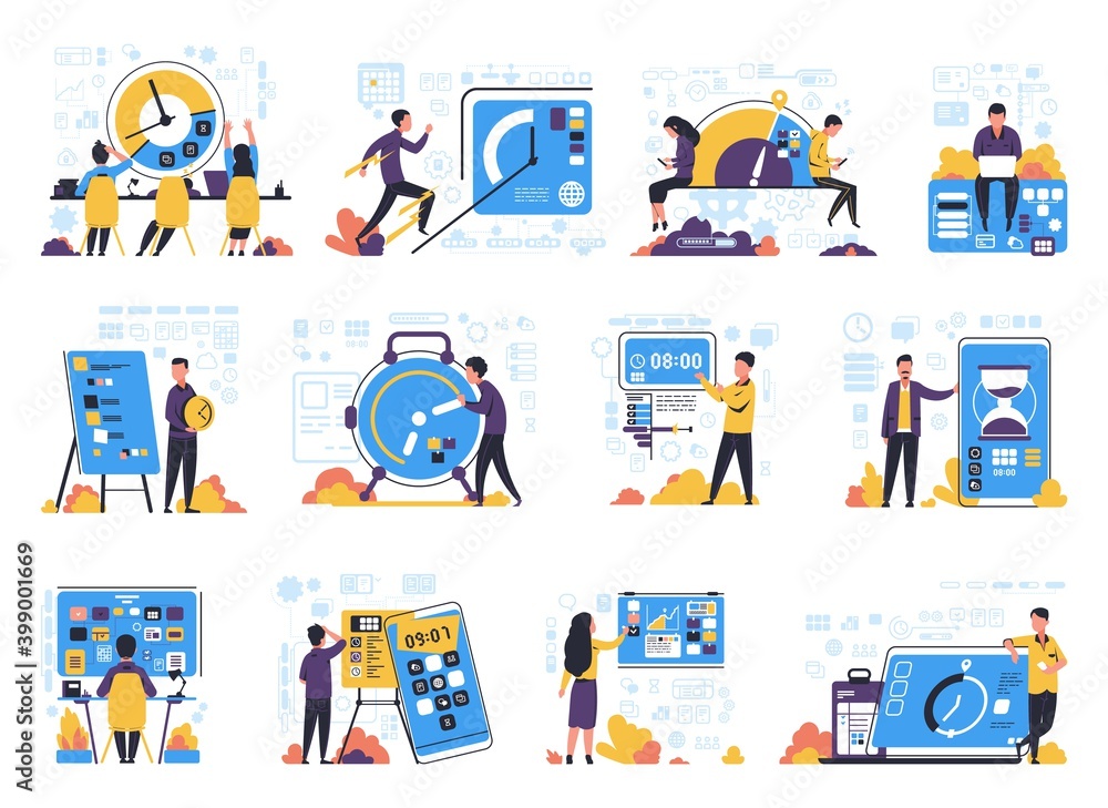Poster Time management concept. Business people optimization workflow. Deadline and timetable control. Technologies for organizing activities. Day planning mobile application. Efficiency work, vector set
