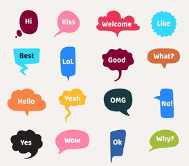 Speech bubbles. Cartoon talk cloud with text. Short emotional phrases. Interrogative and greeting lettering, words for expressing agreement or disagreement. Isolated colorful web stickers, vector set