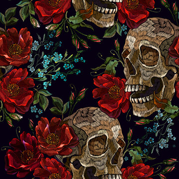 Embroidery skull and red roses seamless pattern. Halloween background. Fashion clothes template and t-shirt design. Dark gothic art