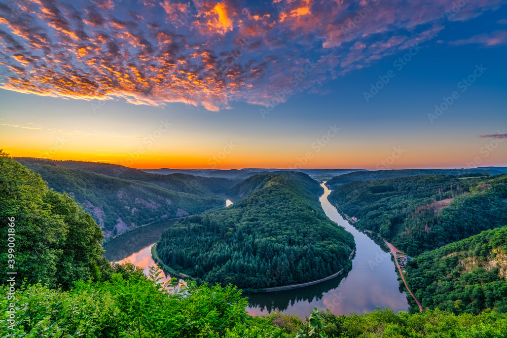 Wall mural sunrise view of saar river valley near mettlach. south germany