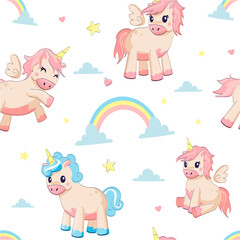 Unicorn pattern. Seamless texture with fairy tale animals and clouds or stars, hearts or rainbows. Cheerful horned pink and blue horses. Decorative print for kids textile and wallpaper, vector ponies