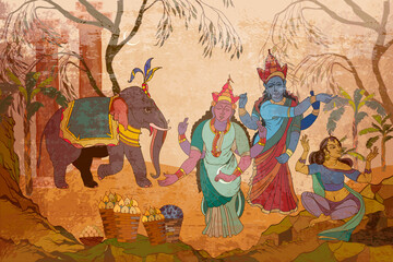 Naklejka premium Gods of India. Mythology, tradition and history. Dancing goddesses in the jungle. Ancient frescoes. Traditional indian mural paintings style. Old Asian culture art
