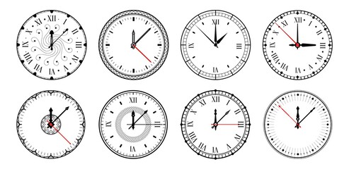 Clock. Realistic watches, circle dial with roman numbers and arrows. Isolated retro chronometer design. Outline timepiece with hour, minute and second hands. Round mechanical clockwork, vector set