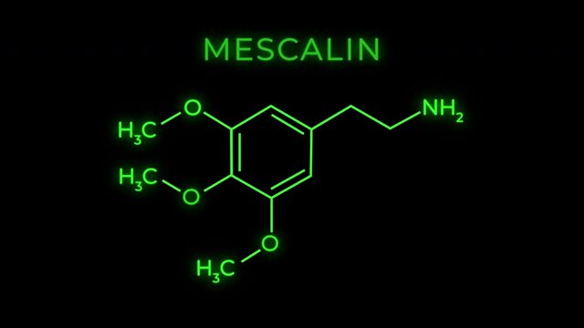 Mescaline or 3 4 5 trimethoxyphenethylamine Molecular Structure Symbol Neon Animation on black background
