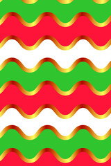 Abstract design with zigzag lines in golden yellow and green, red and white background.
