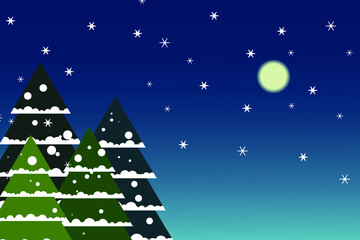 a snowy landscape with a green Christmas tree covered in snow. snowfall at night.