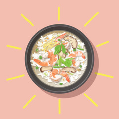 Rice soup with shrimp and shiitake mushroom. Top view. (Khao Tom Goong).