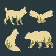Set of animal silhouettes lynx, bear, owl, fox