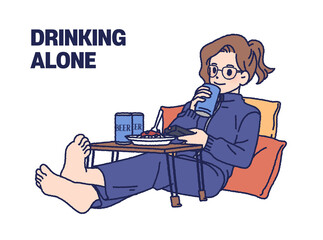 Independent girl drink beer alone sitting on floor at table vector flat illustration. Loneliness addicted female depressed with alcohol beverage at home isolated on white background