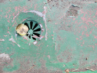 green background with a drainage hole and leaves