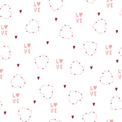Seamless pattern for Valentines day. Handwritten hearts and lettering. Cute romantic background. Vector Illustration in flat cartoon style.