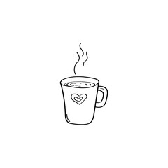Hand-drawn hot Cup of tea or coffee. Hot drink Doodle illustration. Vector Valentine's day design element . Simple sketch illustration isolated on a white background