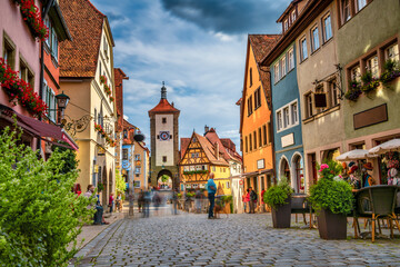 Fototapeta premium Traditional German architecture of Rothenburg ob der Tauber city with timbered houses in morning light. Bavaria, Germany