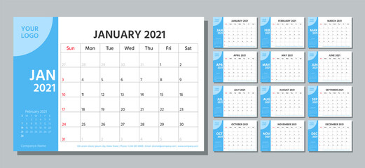 Planner 2021 year. Calendar template. Week starts Sunday. Vector. Yearly stationery organizer. Table schedule grid. Calender layout. Horizontal monthly diary with 12 month. Simple illustration.