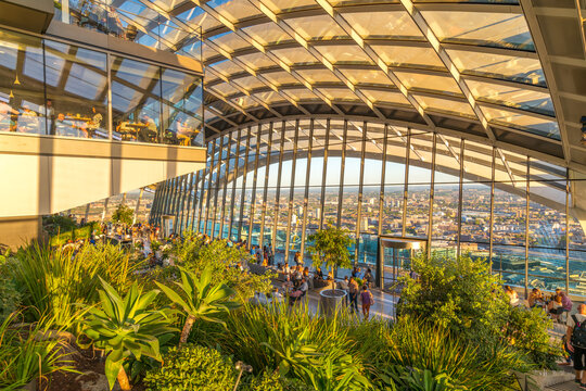 The Sky Garden terrace view at 20 Fenchurch Street.It features a stylish restaurant; brasserie and cocktail bar - London,England, 5th August 2018