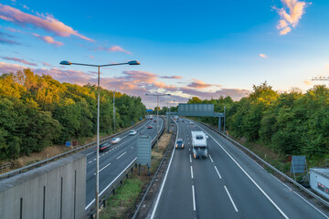 A1(M) motorway near Hatfield junction at sunset. United Kingdom