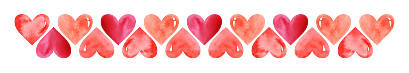 Obraz na płótnie Canvas Watercolor central border template of colorful hearts of red shades on white background. Beautiful decorative elements in shape of hearts positioned in two rows with mirror arrangement to each other