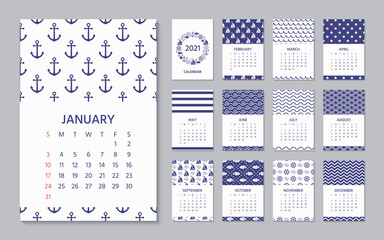 2021 Calendar. Vector. Week starts Sunday. Calender template in nautical, marine style. Yearly organizer with 12 month. Wall year layout. Portrait vertical orientation, English. Navy blue illustration