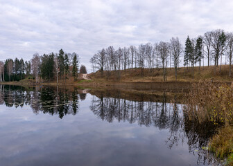 Fototapeta premium Opposite bank of lake in the autumn, cloudy sky, late autumn, bare tree silhouettes and reflections in the water