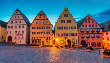 Traditional architecture near the market square of Rothenburg ob der Tauber at dawn, Germany 
