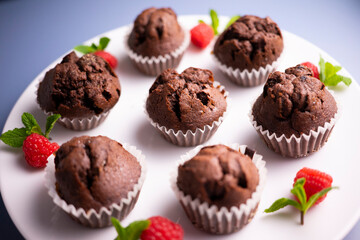 Mini chocolate muffins on a white plate and colour background