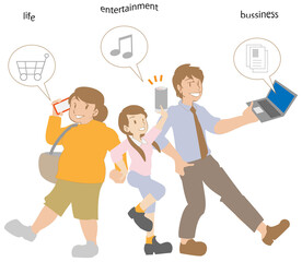 スマートフォン、スマートスピーカー、パソコンを使う家族のイラスト