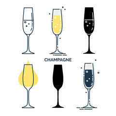 Set of glasses with champagne in different styles. Template alcohol beverage for restaurant, bar, pub. Glassware symbol party. Collection one drink. Isolated flat illustration on white background