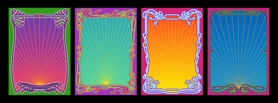 Psychedelic Color Art Nouveau Frame Set, Retro Decorative Borders, Colorful Backgrounds 