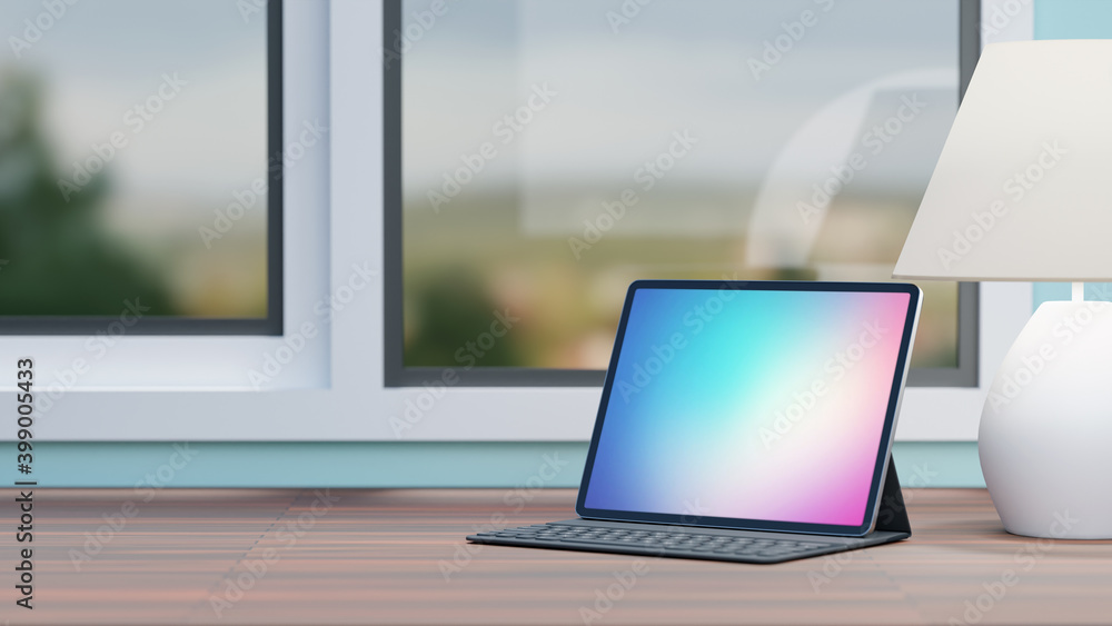Poster big screen tablet with case keyboard and white lamp placed on wood table and wondows background. 3d 