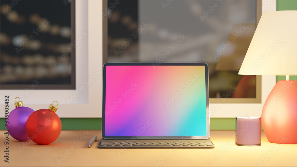 Poster big screen tablet with case keyboard pencil christmas ball candle and white lamp placed on wood tabl