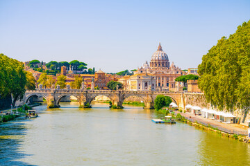 St.Peter's basilica viewed across Tiber river in Vatican, Rome.Italy