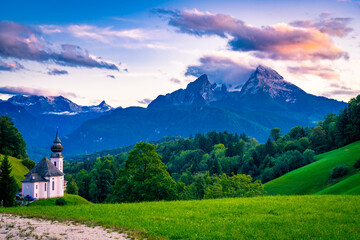 Fototapeta na wymiar Maria Gern church with famous Watzmann summit in the background. Berchtesgadener Land in Bavaria, Germany