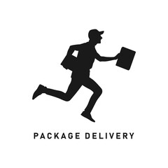 Fototapeta na wymiar Delivery man black silhouette. Postman icon sign or symbol. Mailman logo. Running courier in a hurry holding package box or parcel. Fast shipment. Shipping service. Postal worker vector illustration. 