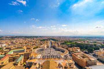 Aerial view of St. Peter's Square in Vatican with Rome in the background. Italy