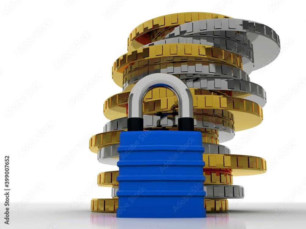 Poster 3d rendering gold coins with lock