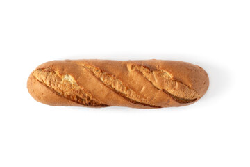 Long loaf of white wheat bread isolated on white background top view.